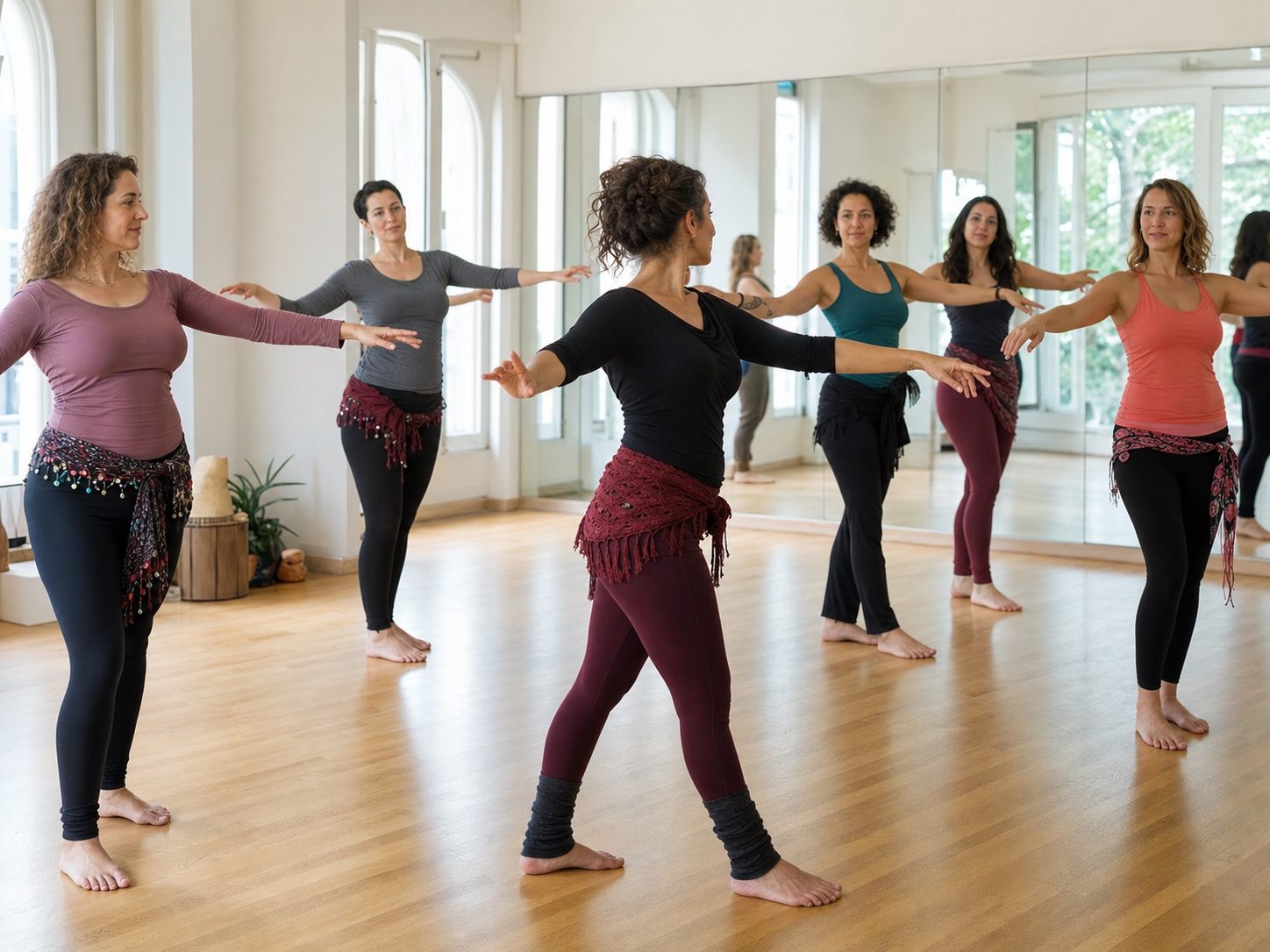 Students in a group oriental dance class in Barcelona