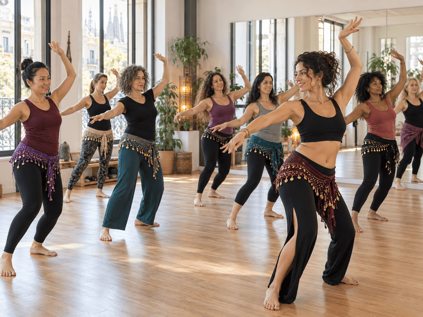 Students practising an oriental dance choreography during class