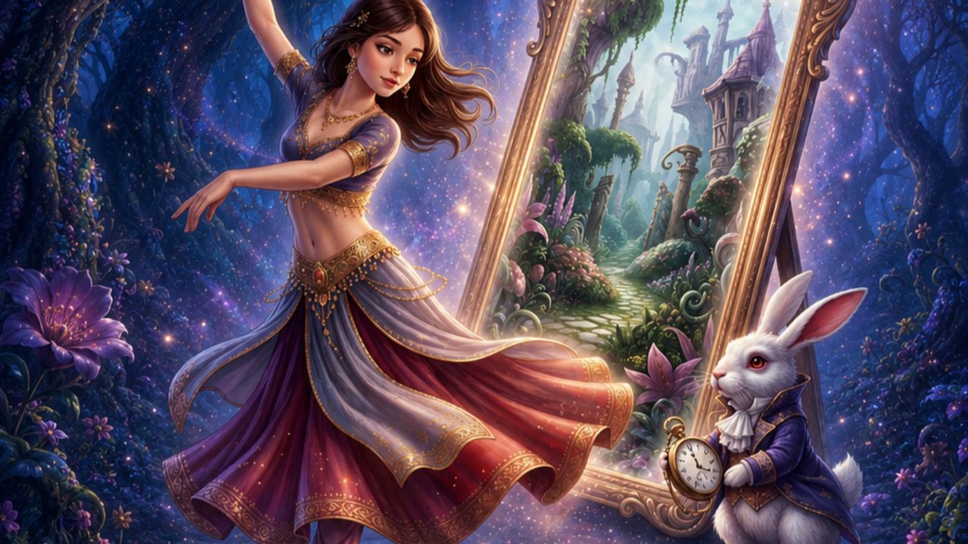 Alicia bailando frente a un espejo mágico en el cartel de Una Bailarina en el País de las Maravillas