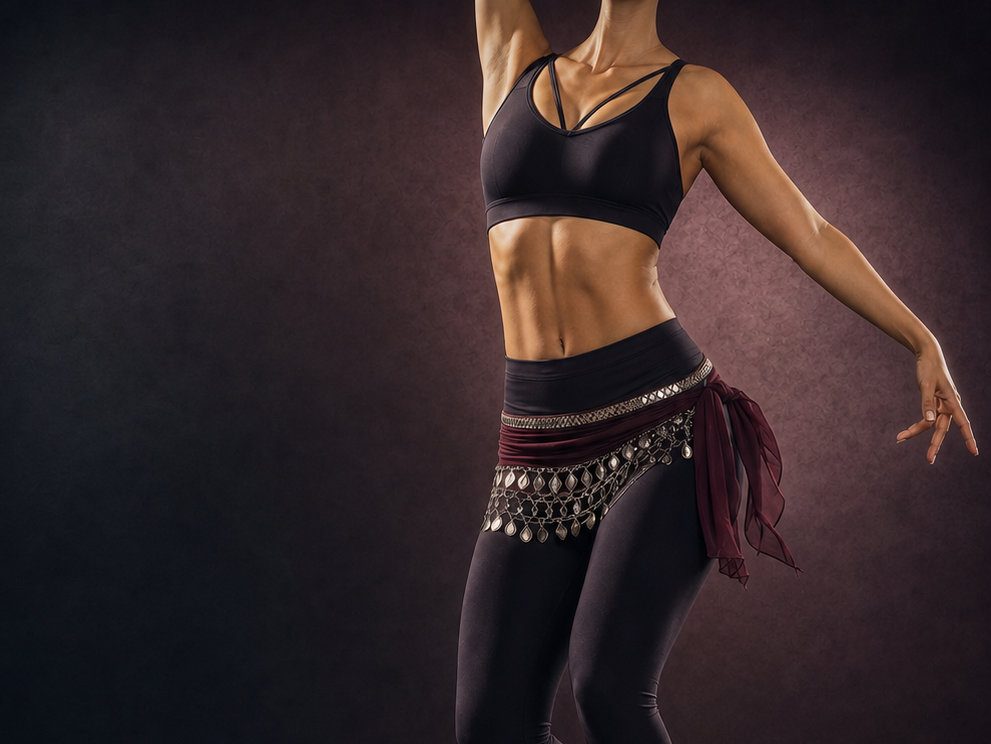 Alumna practicando BellyFit con ropa de entrenamiento y pañuelo de danza oriental