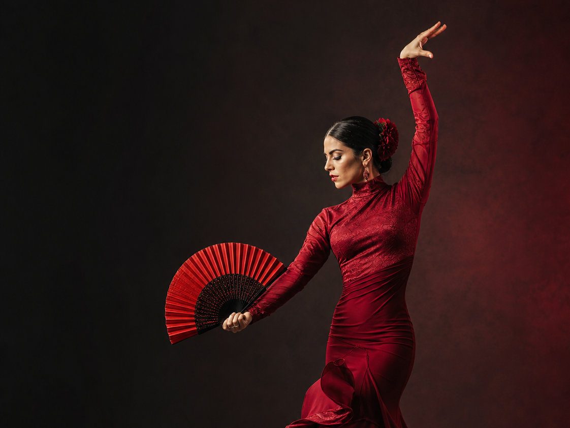 Bailarina interpretando Flamenco Oriental con vestido rojo y abanico