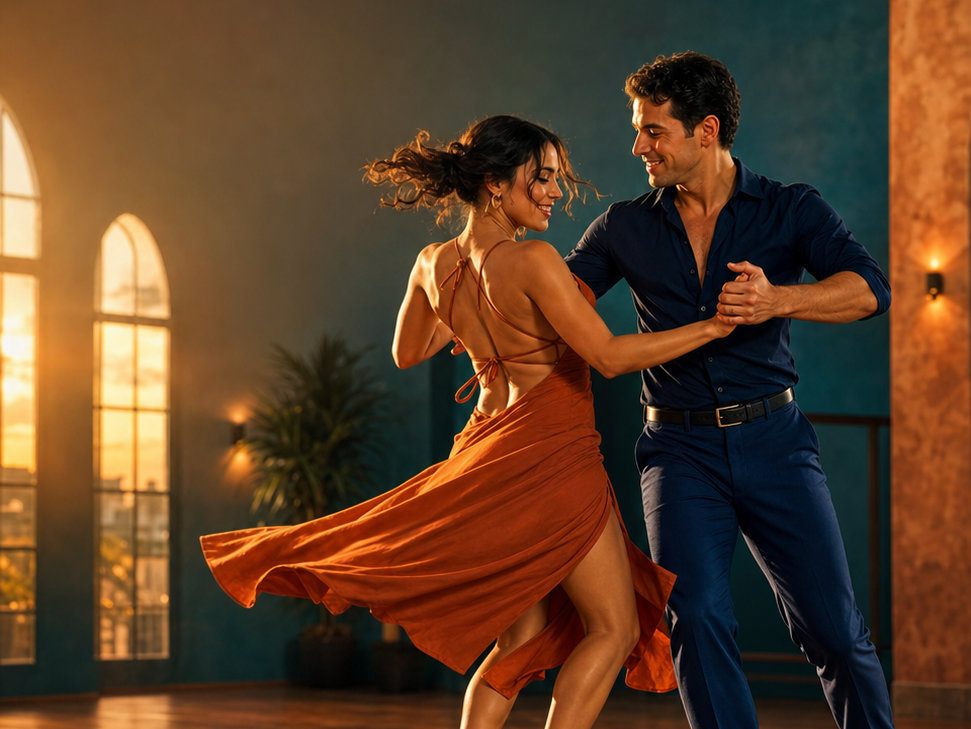 Pareja bailando Salsa Cubana en un estudio de danza