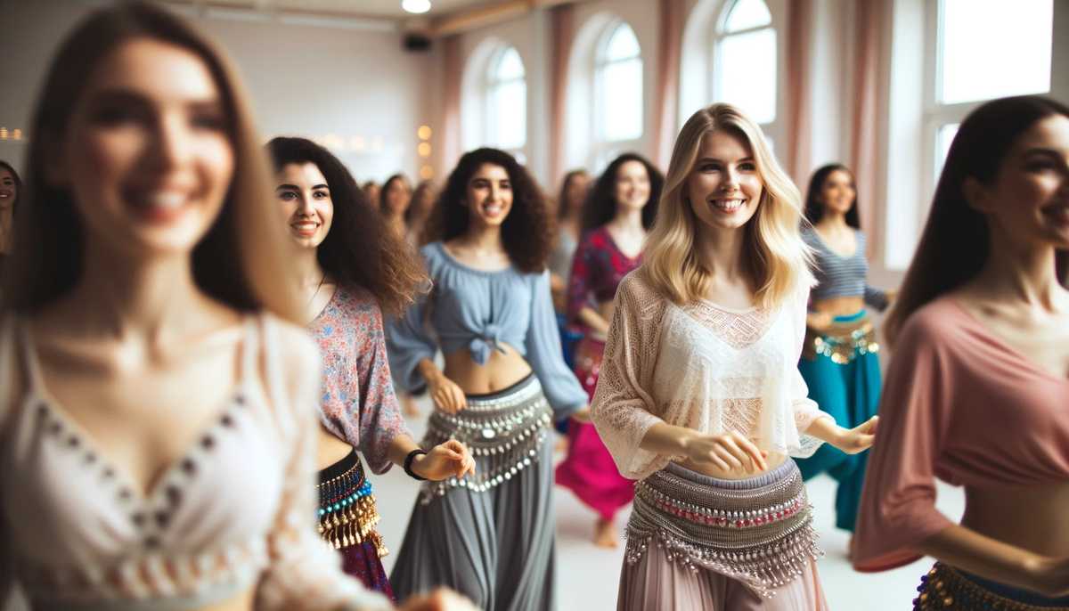 Grupo de chicas alegres bailando danza del vientre